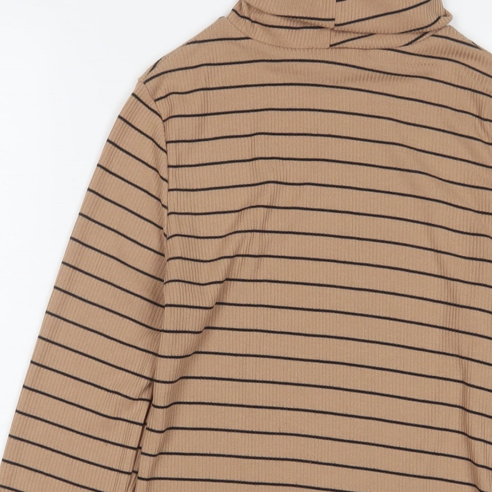 New Look Womens Brown Striped Polyester Basic T-Shirt Size 10 Roll Neck