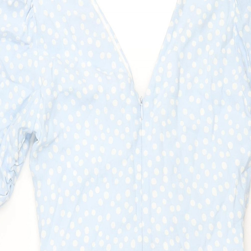 Zara Womens Blue Polka Dot Viscose A-Line Size M V-Neck Zip - Rouched