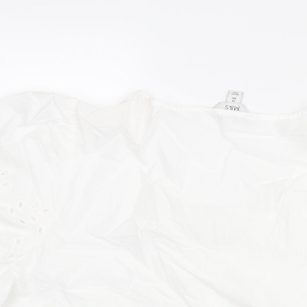 Marks & Spencer Womens White Cotton Basic Blouse Size 24 V-Neck - Peplum Drawstring Lace Detail