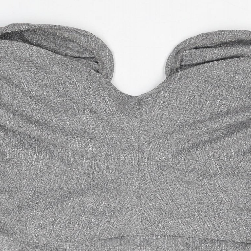 Brand and care label for ASOS women’s grey viscose basic t-shirt, size UK 18, off the shoulder