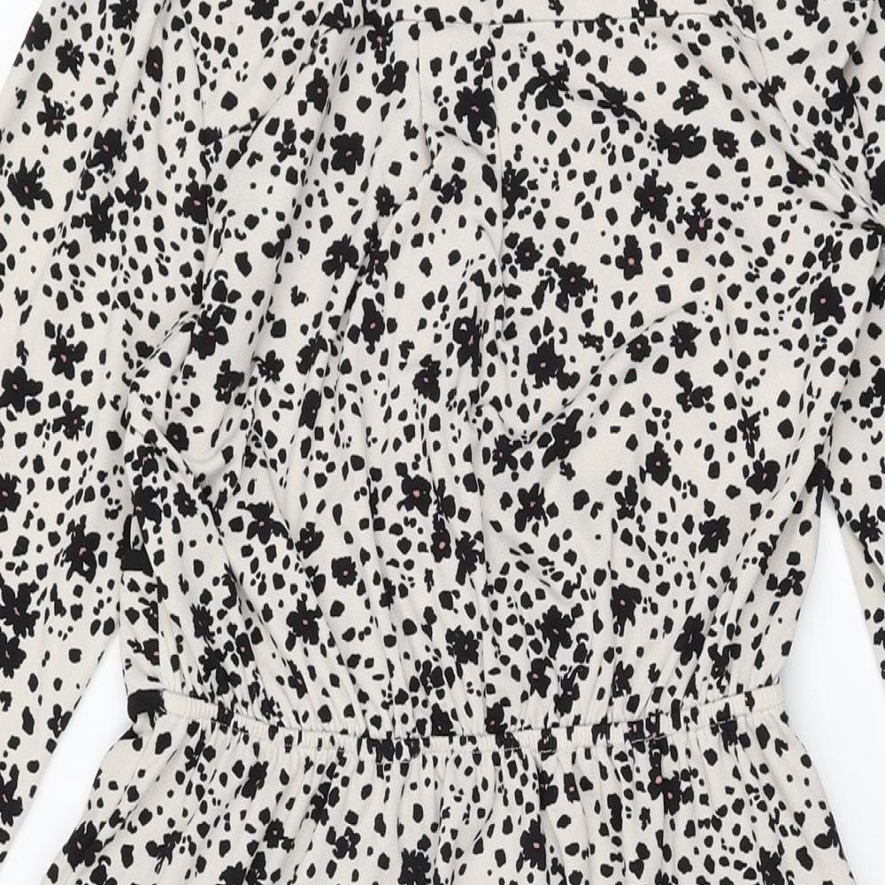 Monteau Womens White Floral Polyester A-Line Size M Collared Button