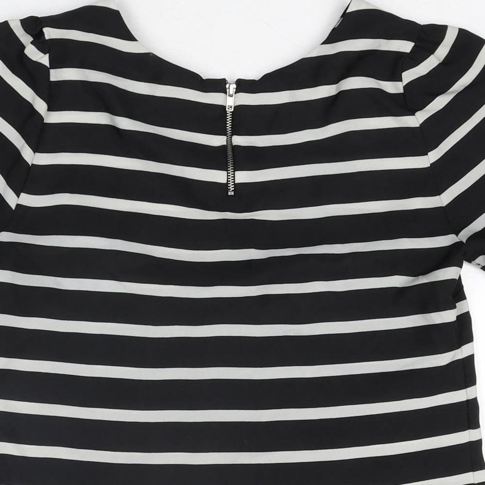 Oasis Womens Black Striped Polyester Basic T-Shirt Size 8 Round Neck