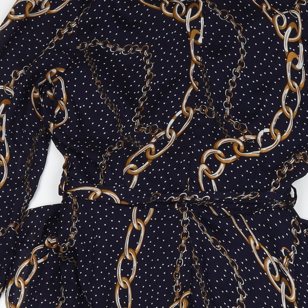 In the Style Womens Blue Polka Dot Polyester A-Line Size 10 V-Neck Zip - Chain Detail