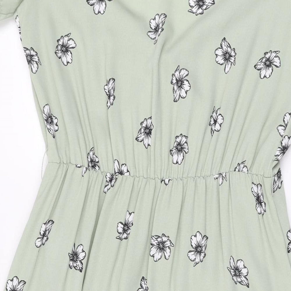 H&M Womens Green Floral Polyester A-Line Size 6 V-Neck Pullover
