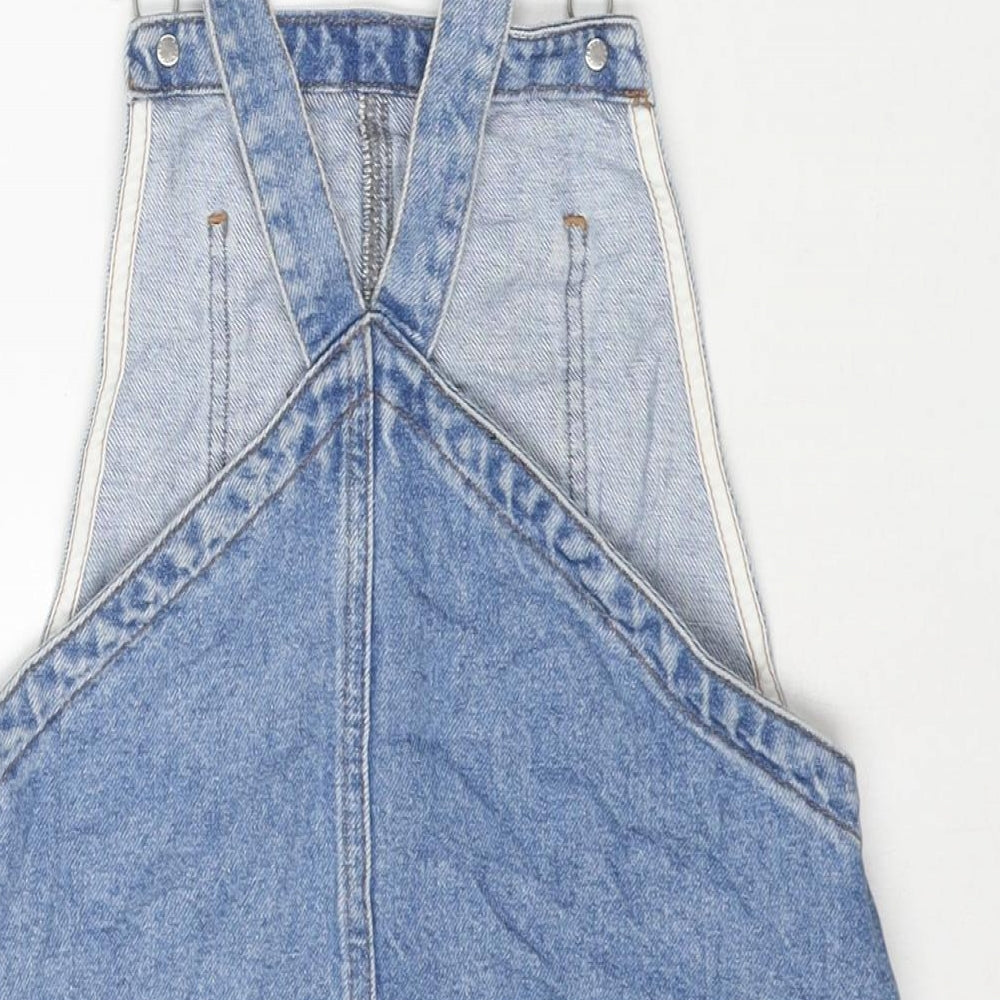 Topshop Womens Blue Cotton Pinafore/Dungaree Dress Size 6 Square Neck Buckle