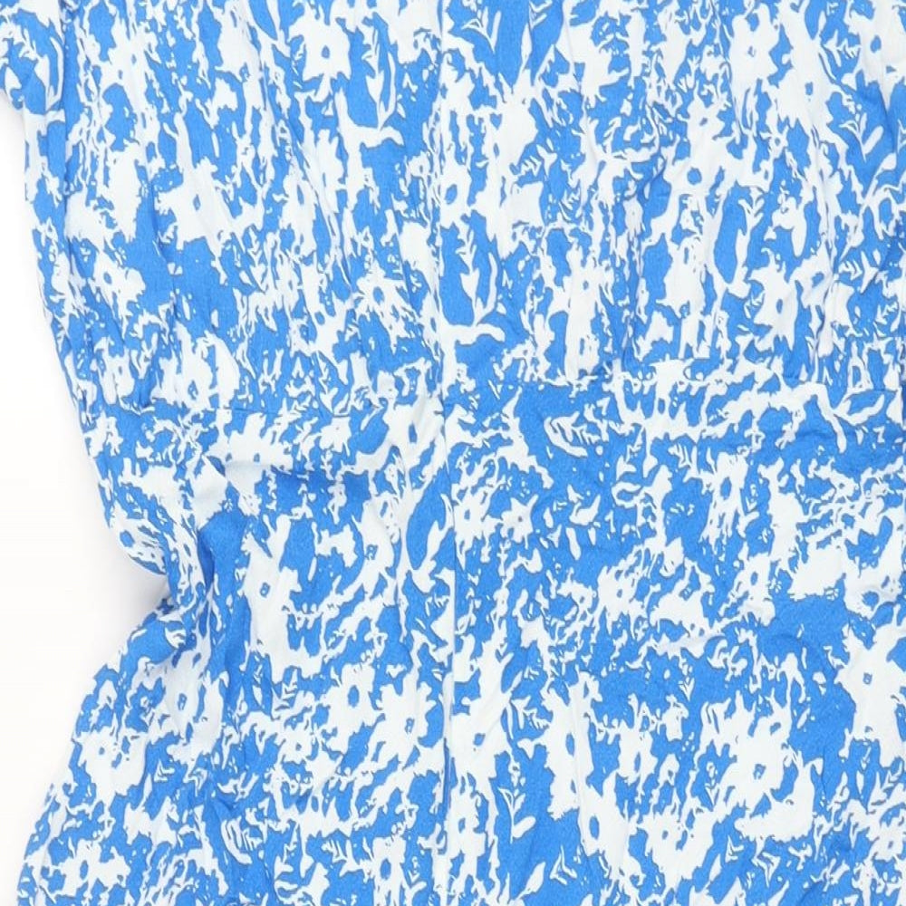 Marks & Spencer Womens Blue Geometric Viscose Shift Size 8 V-Neck Zip - Rouched Sleeve