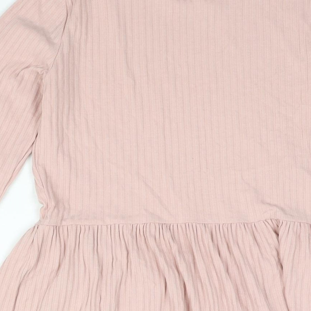 New Look Womens Pink Polyester Basic Blouse Size 8 Round Neck - Peplum Ribbed
