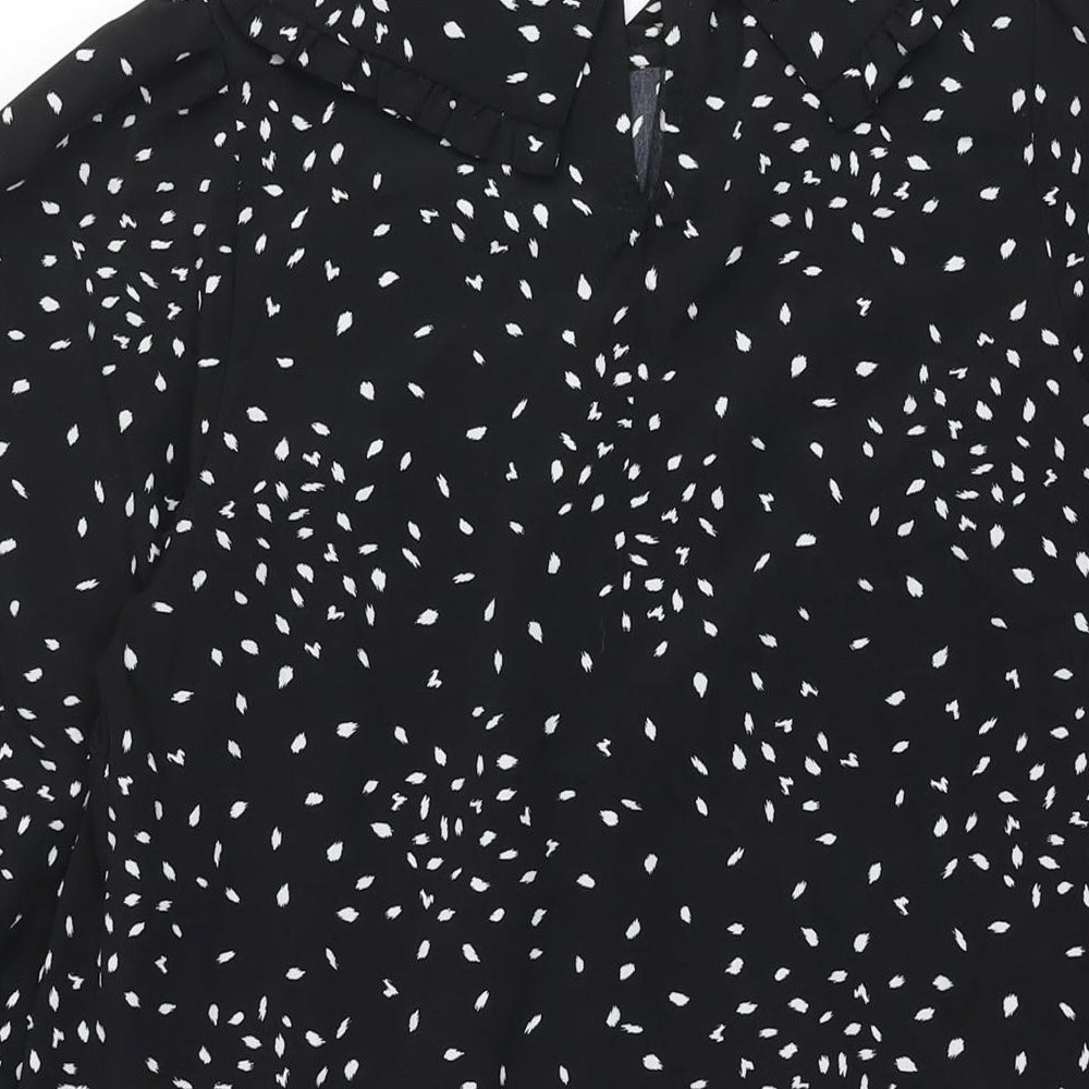 New Look Womens Black Geometric Polyester Shift Size 6 Collared Zip - Frill Smocked