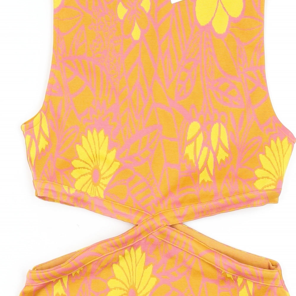 Zara Womens Orange Floral Polyester Bodycon Size M Roll Neck Pullover