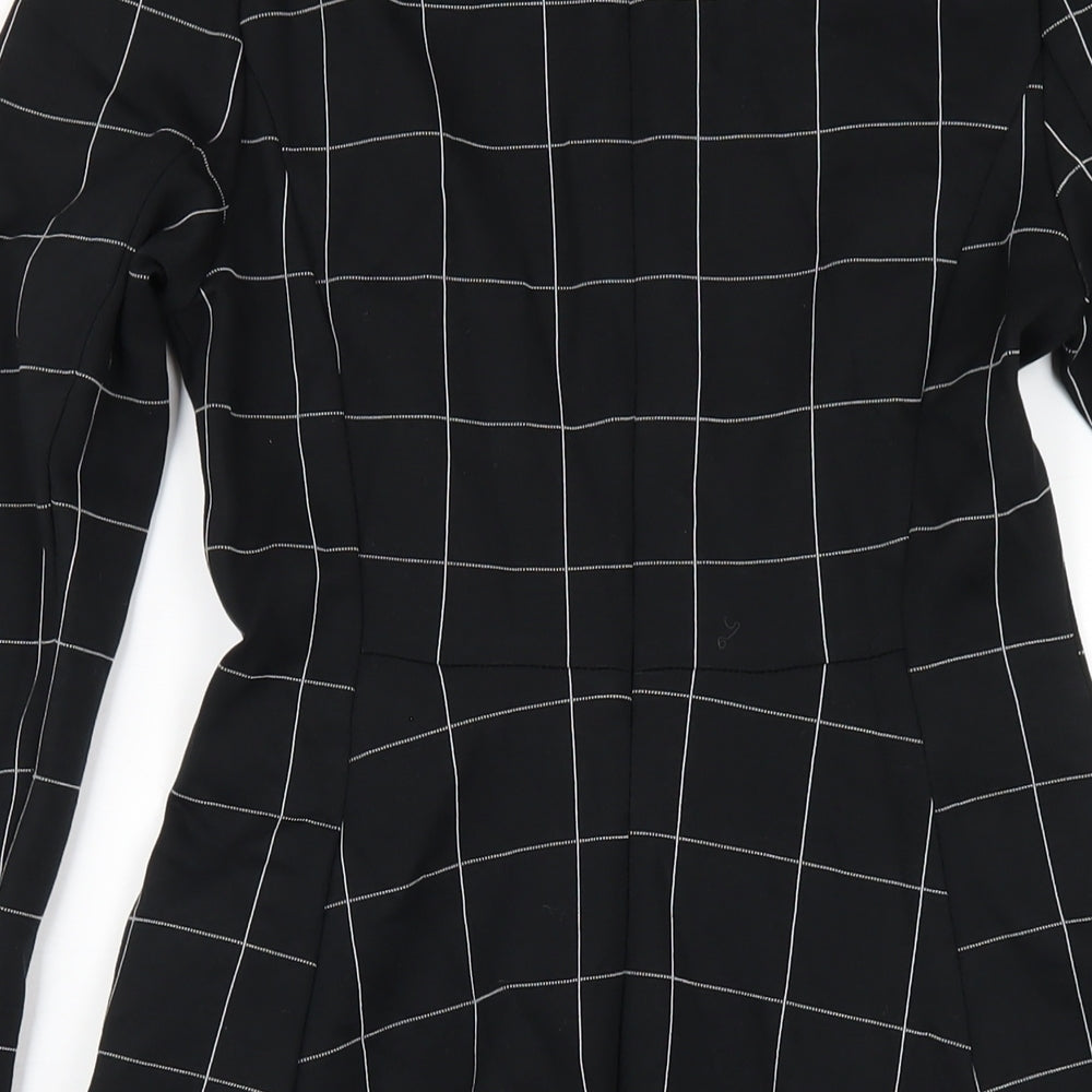 Marks & Spencer Womens Black Check Viscose A-Line Size 8 Round Neck Zip