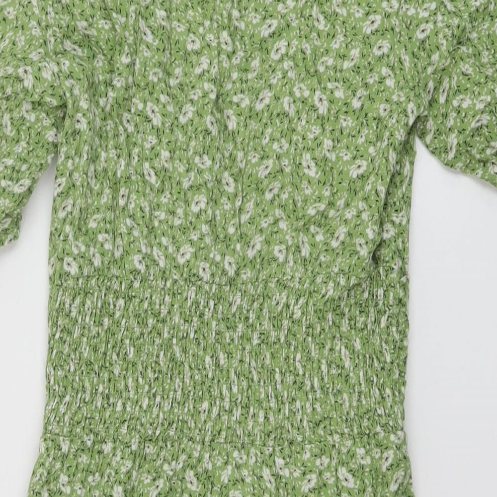 Stradivarius Womens Green Floral Polyester A-Line Size M V-Neck Pullover
