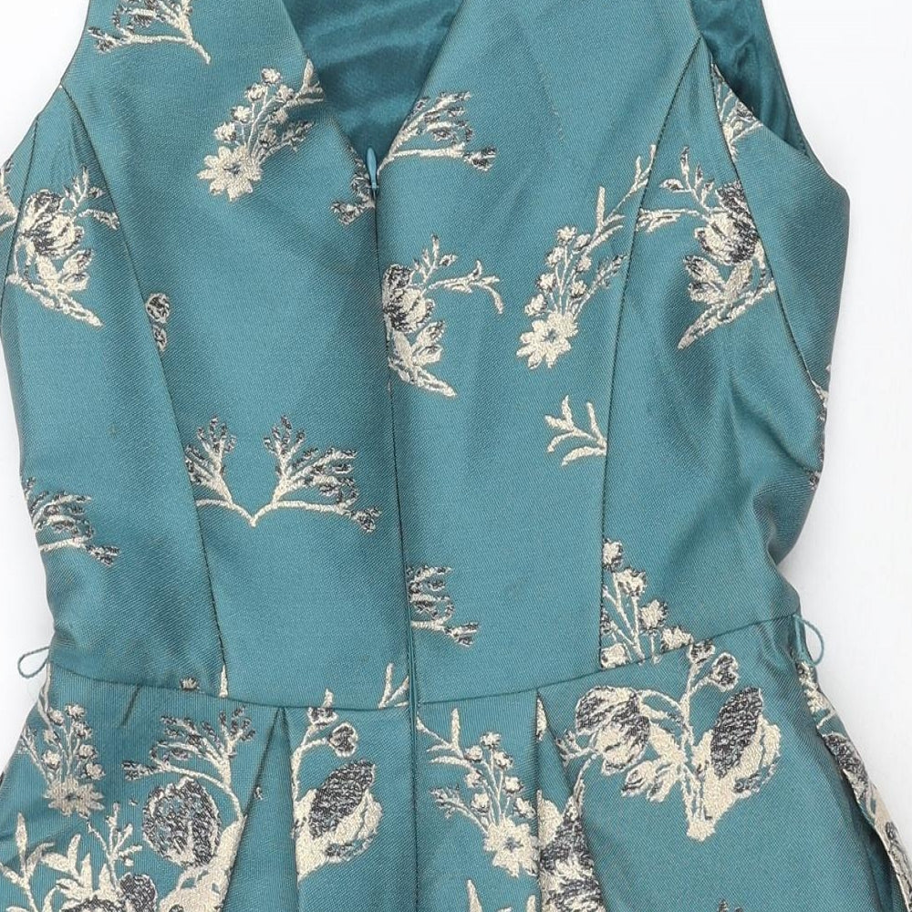 Monsoon Womens Blue Floral Polyester A-Line Size 8 Boat Neck Zip