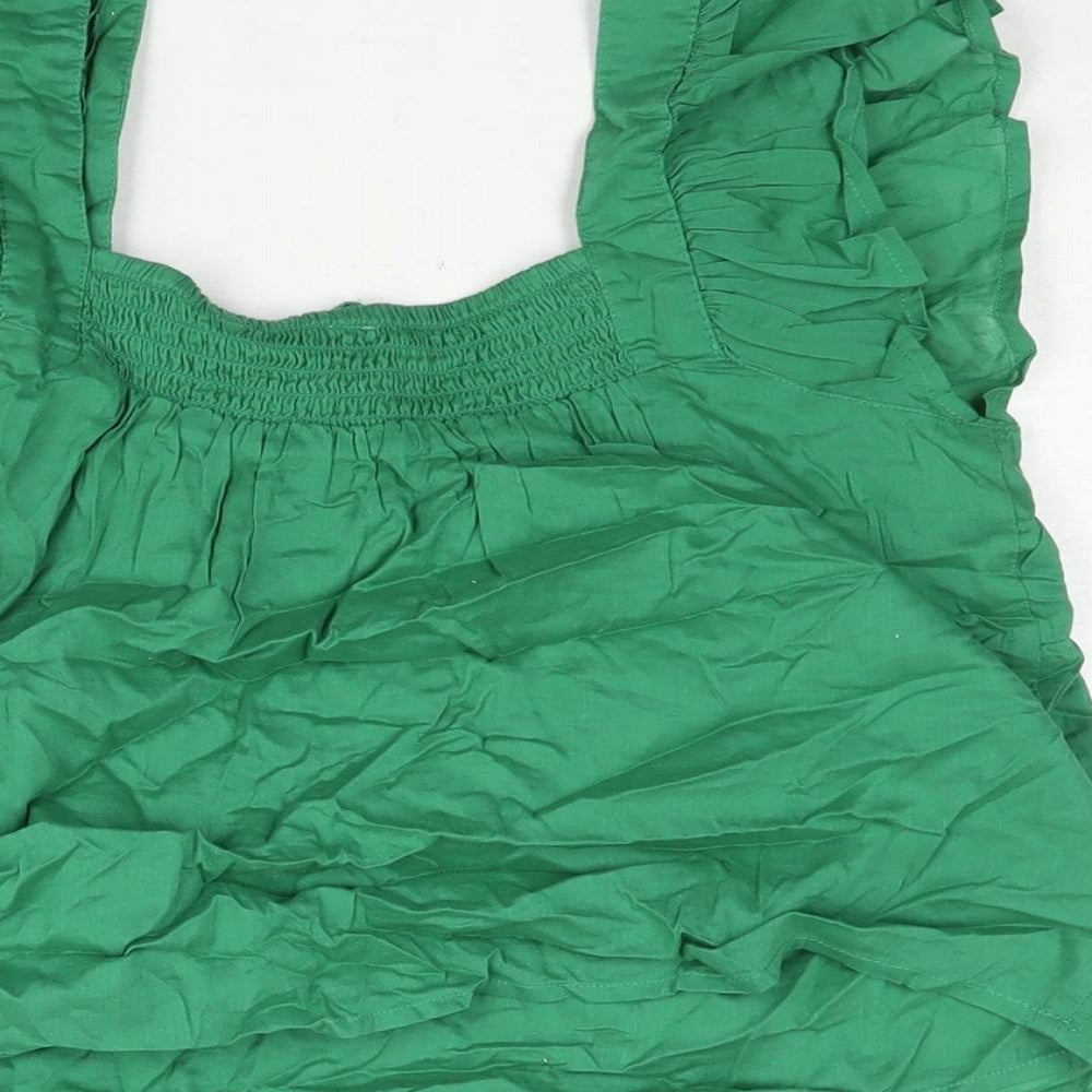 AND/OR Womens Green Cotton Basic Blouse Size 8 Square Neck - Drawstring Detail Beaded Tassle