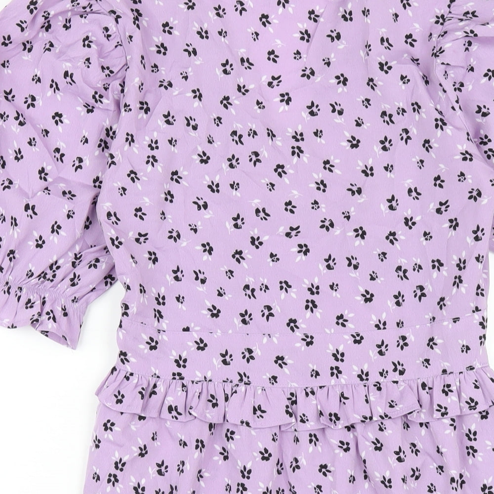 New Look Womens Purple Floral Polyester A-Line Size 6 V-Neck Zip