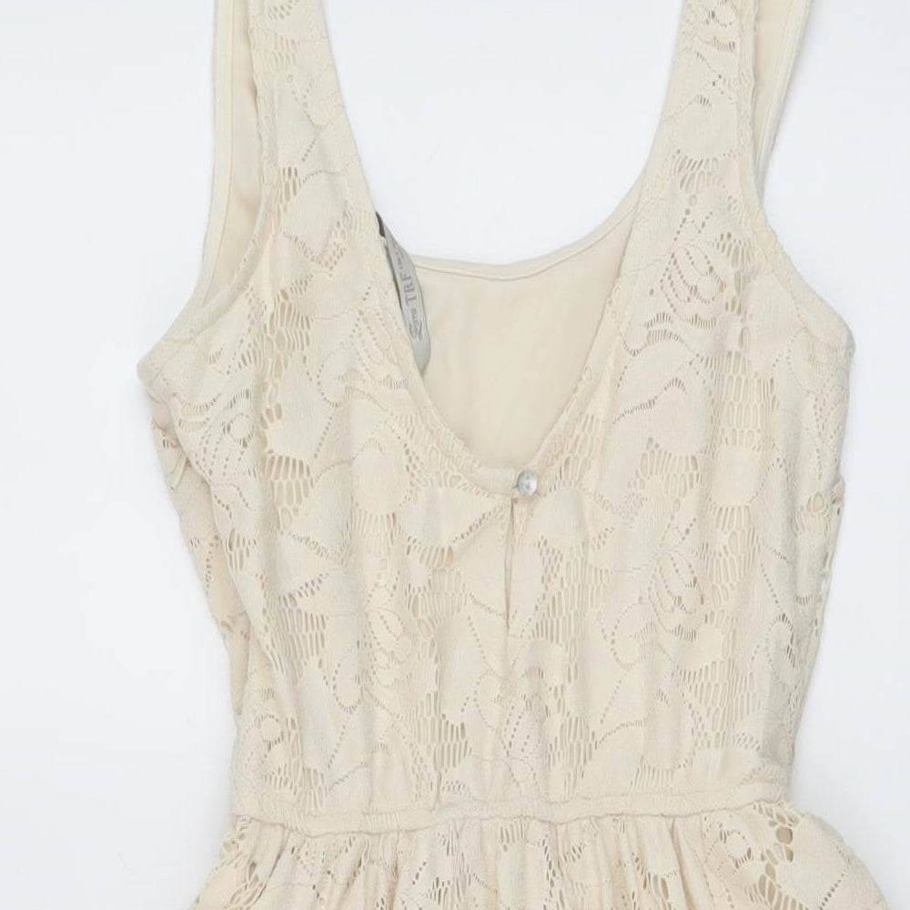 Zara Womens Beige Polyester Skater Dress Size S Round Neck Button