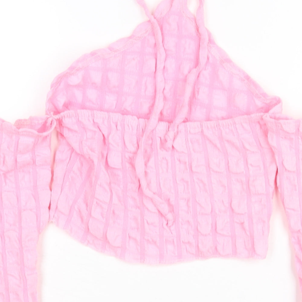PRETTYLITTLETHING Womens Pink Polyester Cropped Blouse Size 8 Halter - Textured Cold Shoulder