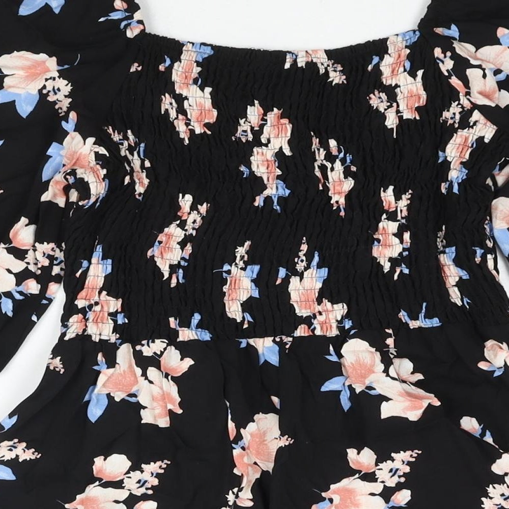 Select Womens Black Floral Viscose Basic Blouse Size 12 Square Neck - Peplum Rouched