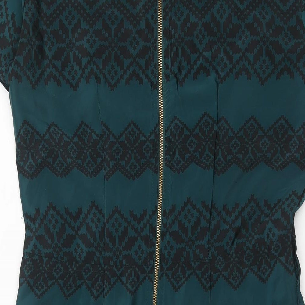 Closet Womens Green Geometric Polyester Sheath Size 12 V-Neck Zip - Pleat Detail