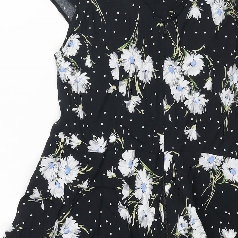 Wallis Womens Black Floral Viscose A-Line Size 12 Round Neck Zip