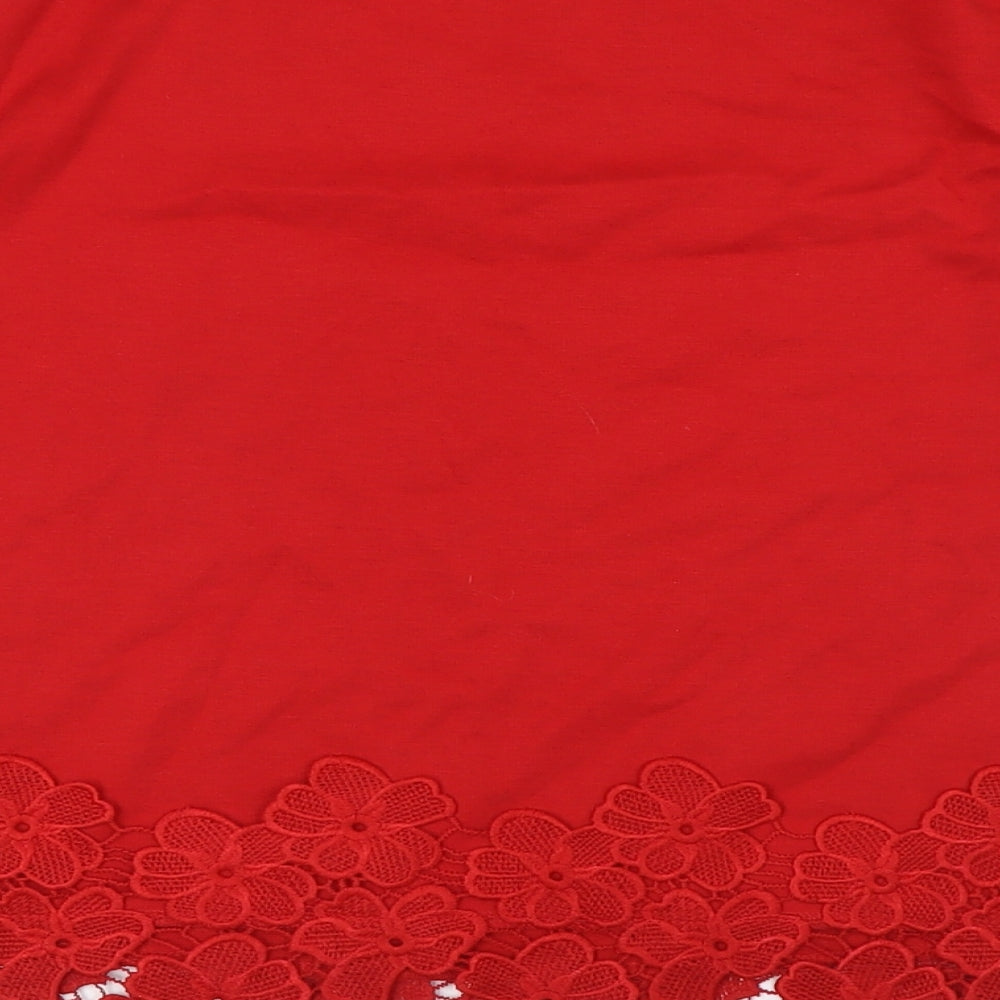 New Look Womens Red Polyester Basic T-Shirt Size 10 Boat Neck - Lace Hem Detail
