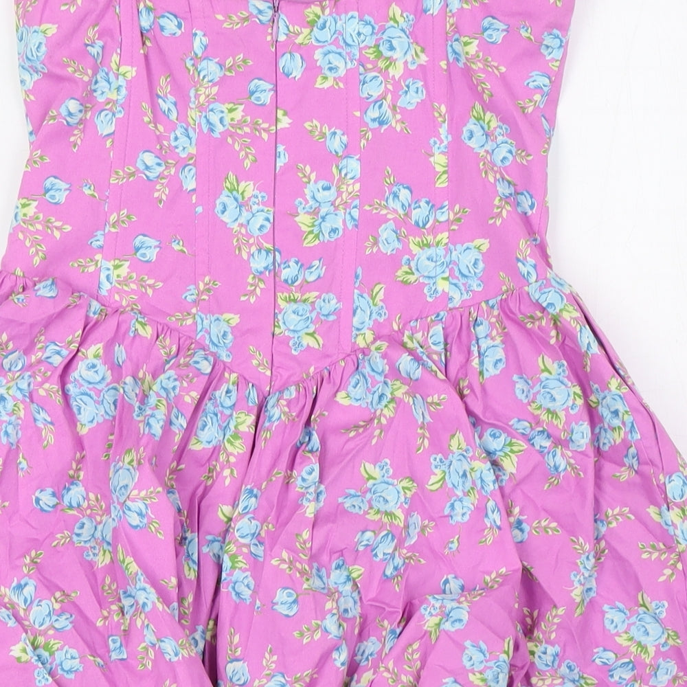 Zara Womens Purple Floral Elastane A-Line Size S Off the Shoulder Zip - Boned Body