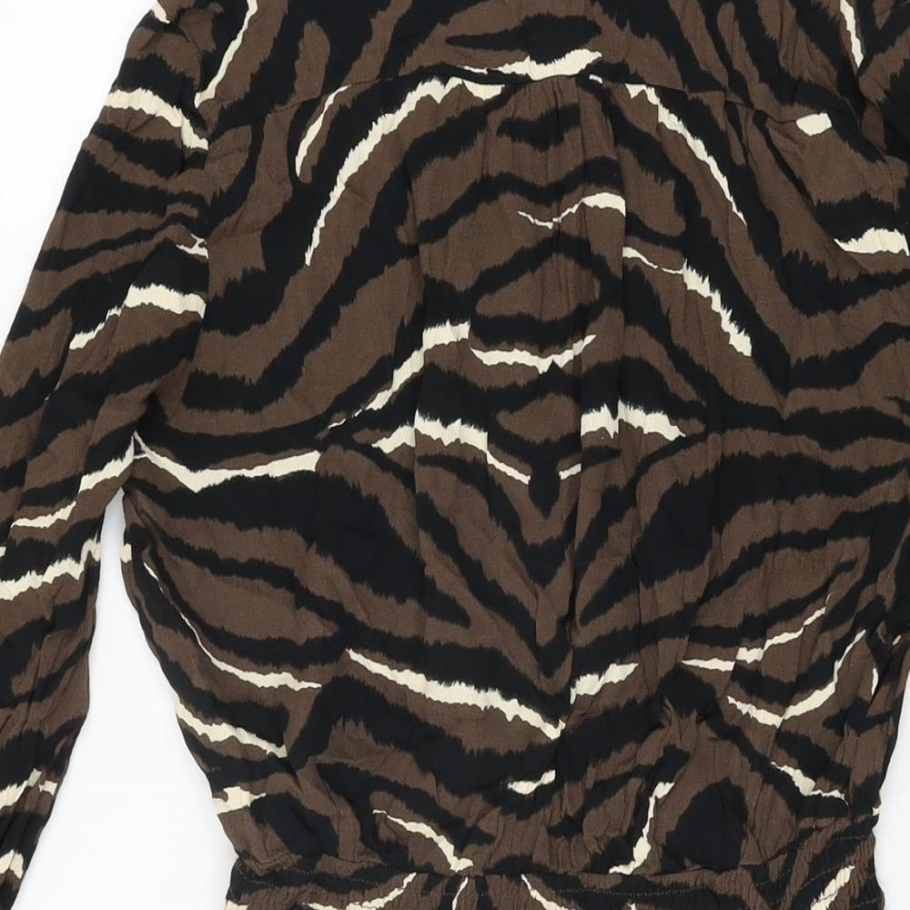 Zara Womens Brown Geometric Viscose Mini Size M V-Neck Button