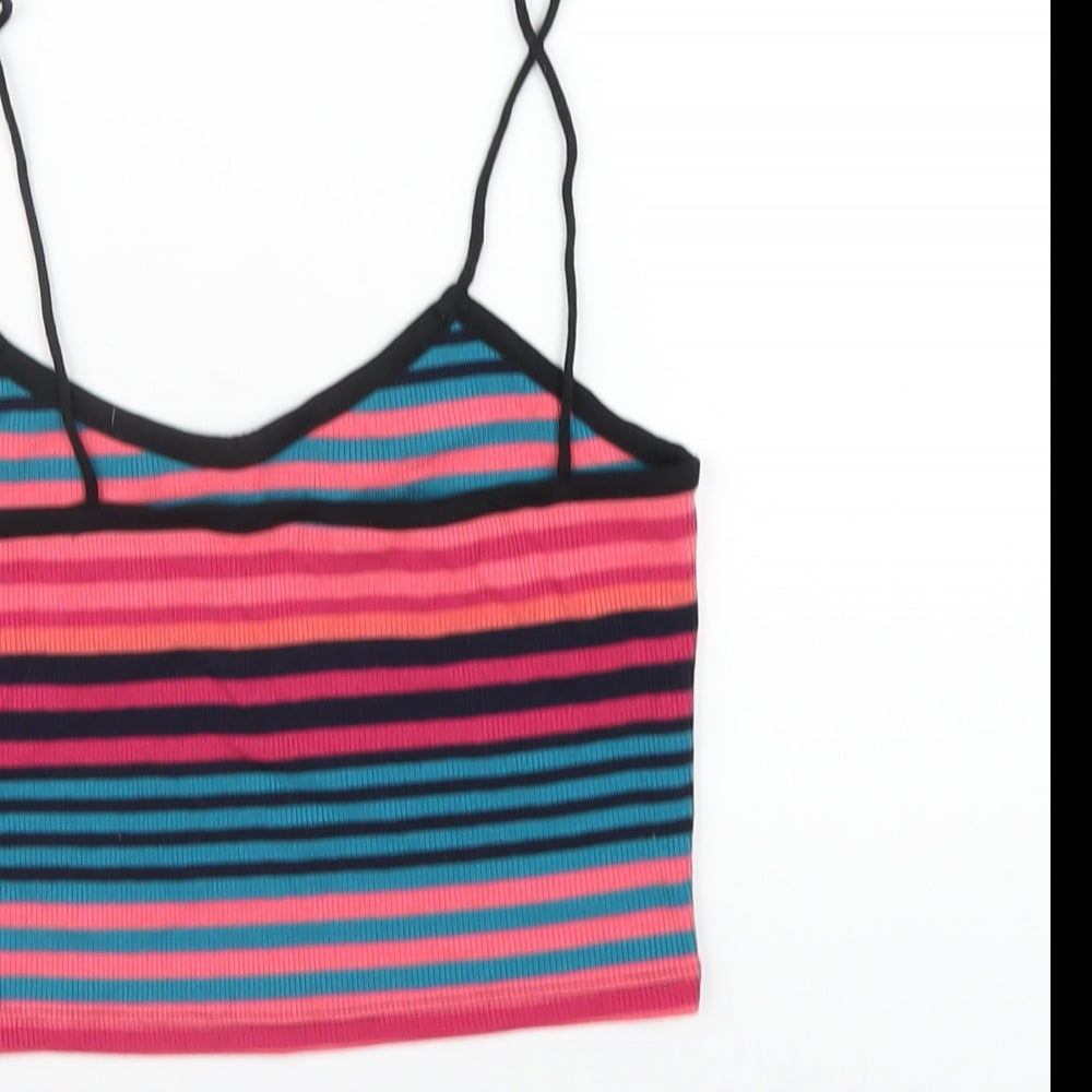 Topshop Womens Multicoloured Striped Polyester Cropped T-Shirt Size 8 V-Neck