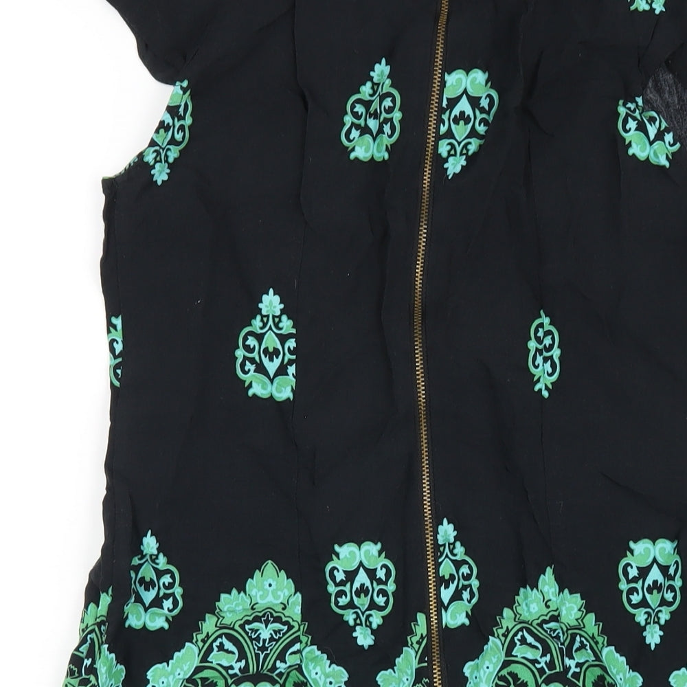 Wallis Womens Black Geometric Viscose A-Line Size 8 Round Neck Zip