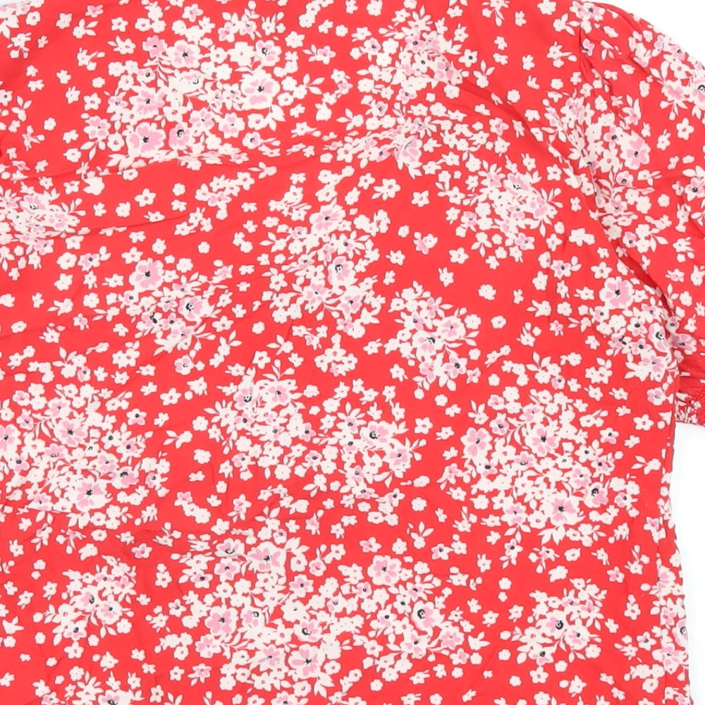 New Look Womens Red Floral Viscose Basic T-Shirt Size 10 V-Neck
