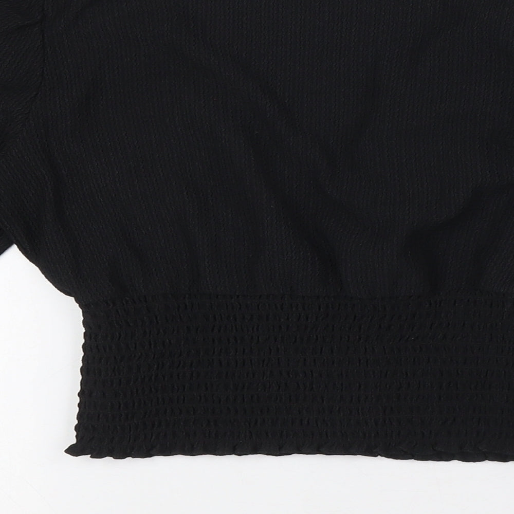 New Look Womens Black Polyester Cropped Blouse Size 10 V-Neck - Smocked Waist Band