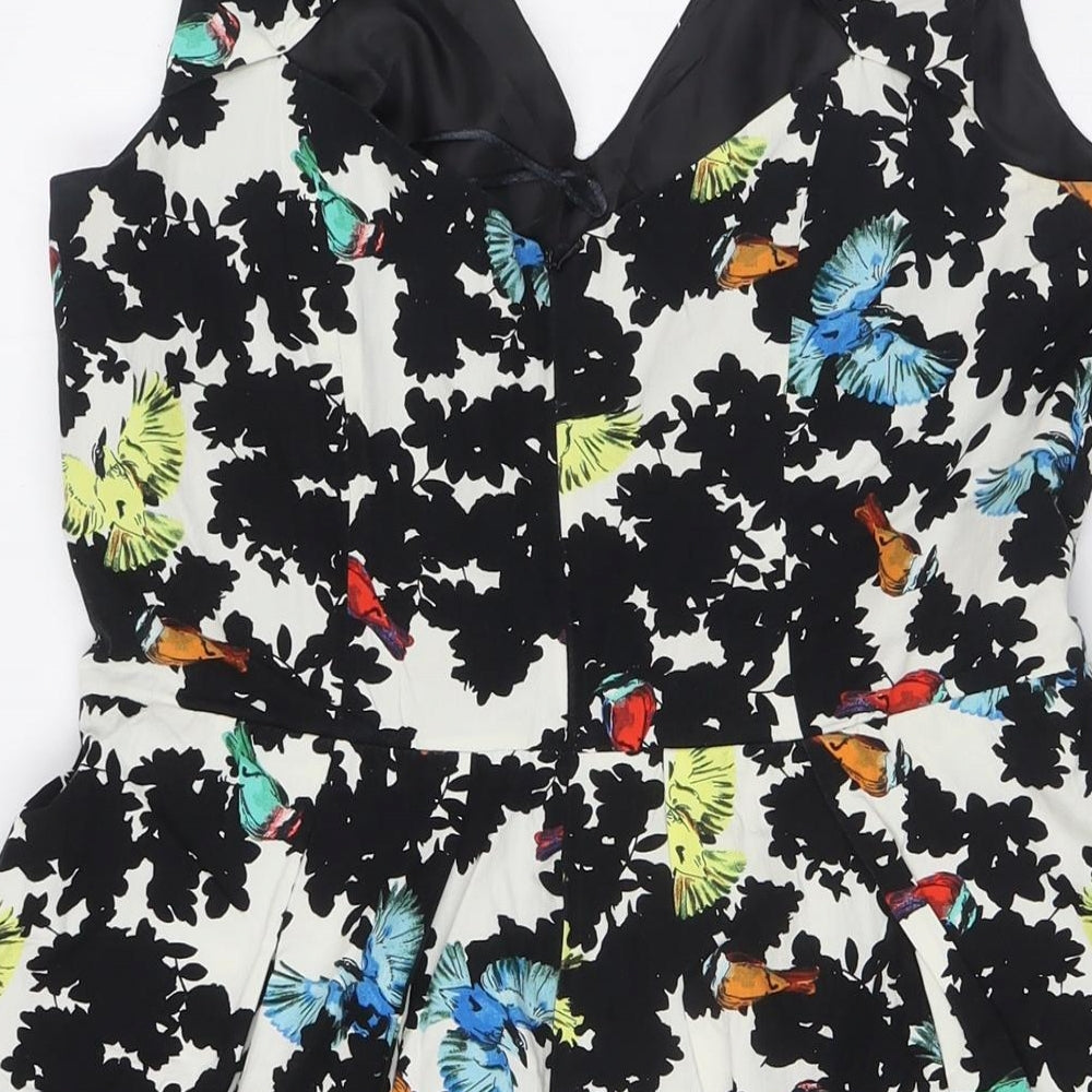 Red Herring Womens Multicoloured Floral Cotton A-Line Size 12 Round Neck Zip - Bow Back Detail