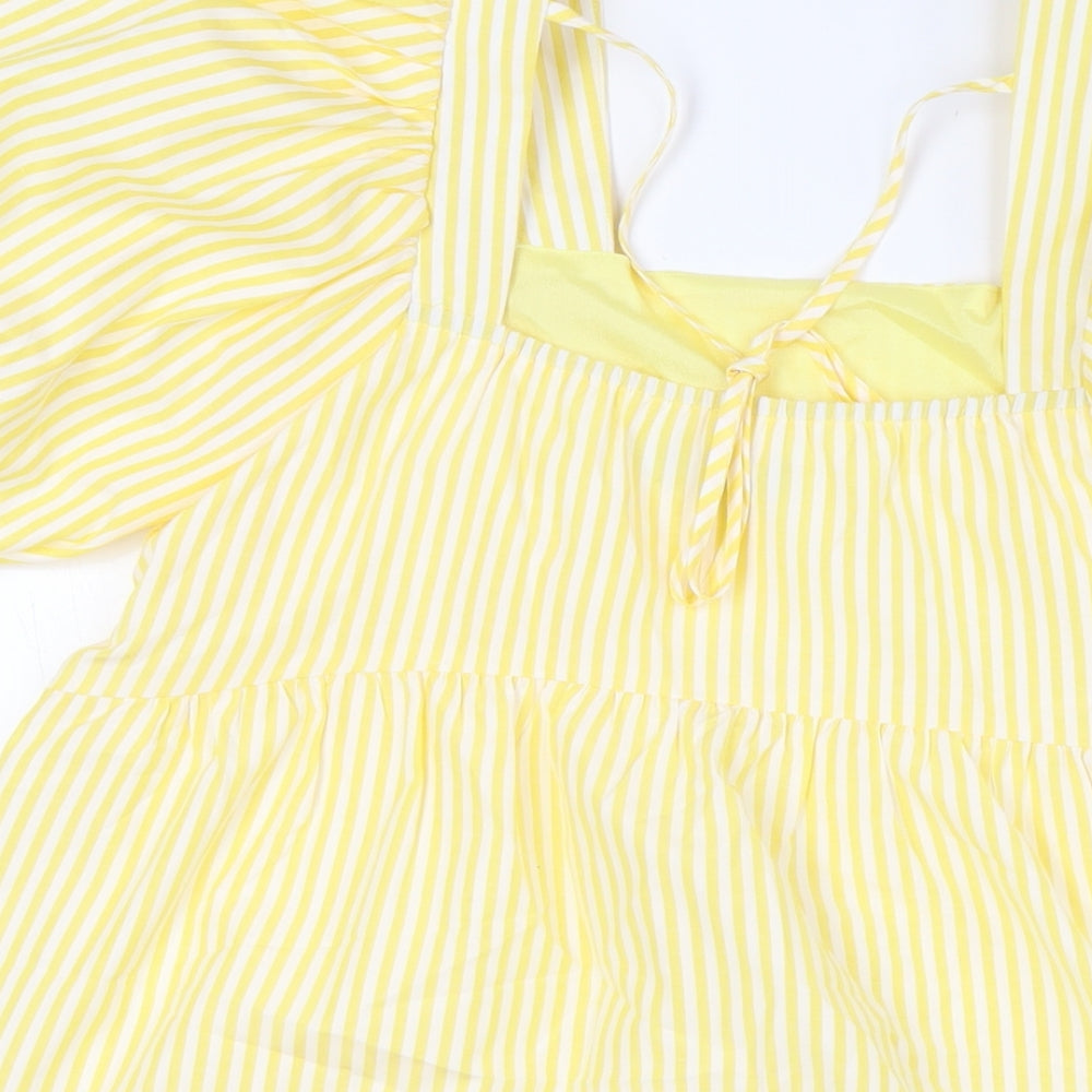 Nasty Gal Womens Yellow Striped Polyester A-Line Size 10 Square Neck Tie - Puff Ball Sleeves, Tiered