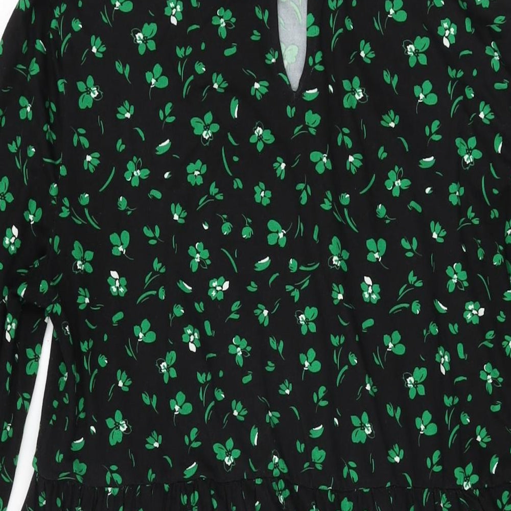 New Look Womens Black Floral Cotton Shift Size 10 Round Neck Button