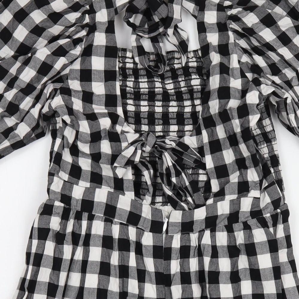 New Look Womens Black Check Cotton A-Line Size 10 Square Neck Zip
