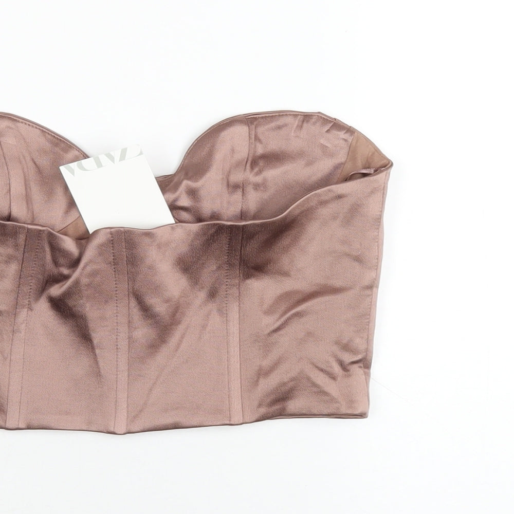 Zara Womens Brown Polyester Cropped T-Shirt Size M Sweetheart