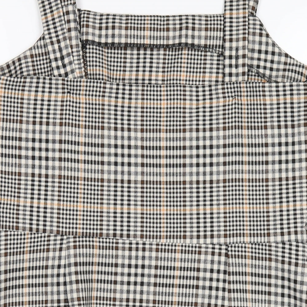 Brand and care label for Miss Selfridge women’s multicoloured plaid polyester a-line, size UK 14, square neck zip