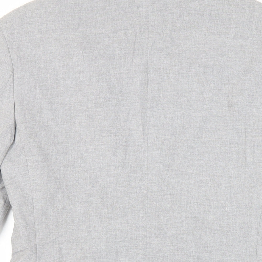 Brand and care label for ASOS men’s grey polyester jacket suit jacket, size 34, regular
