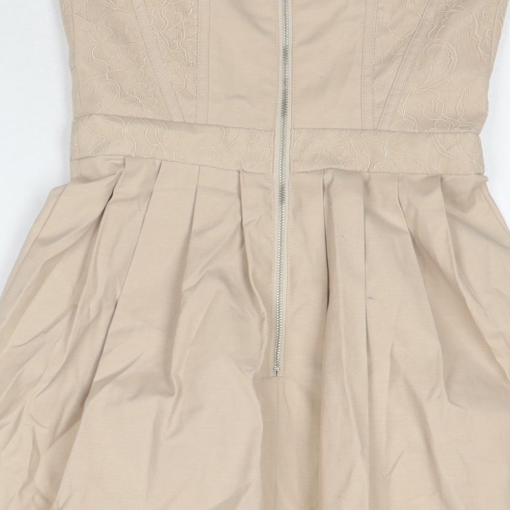 Warehouse Womens Beige Cotton A-Line Size 8 Sweetheart Zip - Strapless