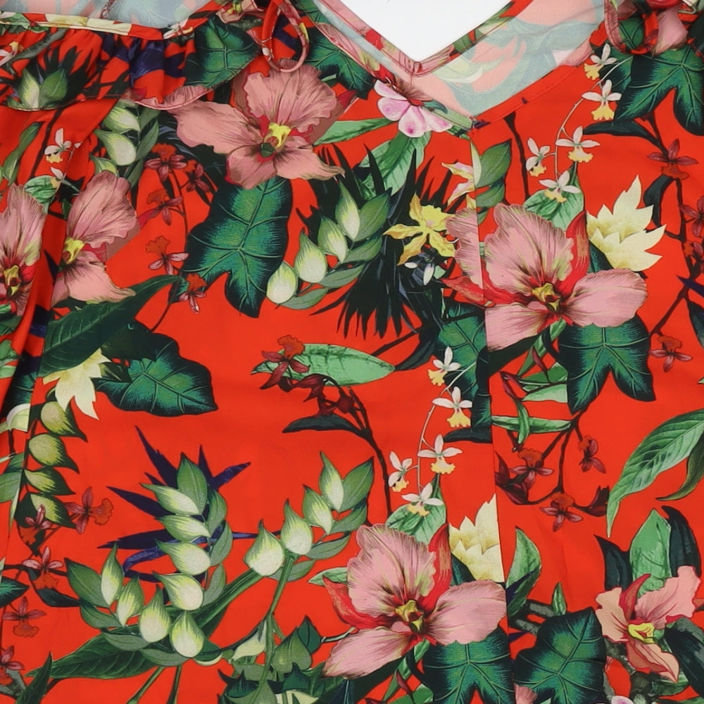 Miss Selfridge Womens Red Floral Polyester T-Shirt Dress Size 8 V-Neck Pullover - Cold Shoulder