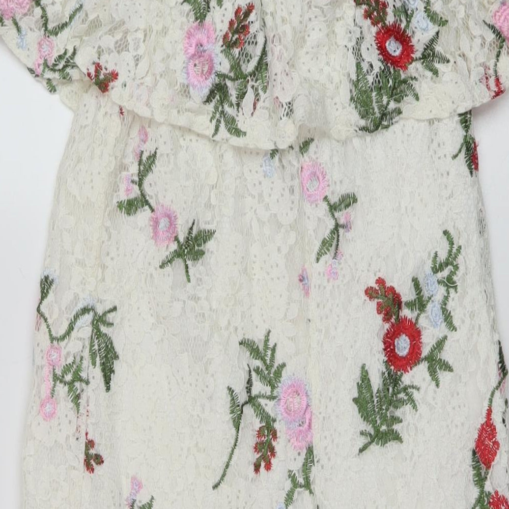 New Look Womens White Floral Cotton A-Line Size 6 Square Neck Pullover