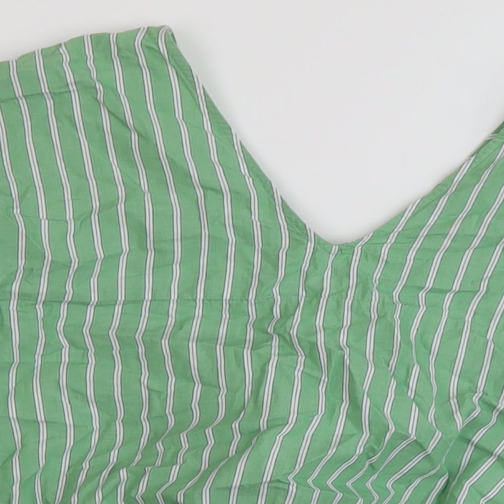 Marks & Spencer Womens Green Striped Cotton Basic Blouse Size 14 V-Neck