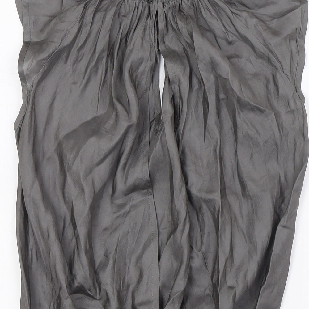 Topshop Womens Grey Silk Basic Blouse Size 8 Mock Neck - Open Back, Smocked Collar and Waist Band