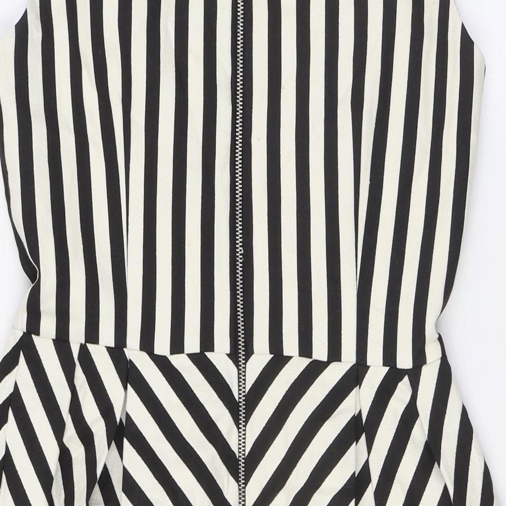 Zara Womens Black Striped Polyester A-Line Size M V-Neck Zip