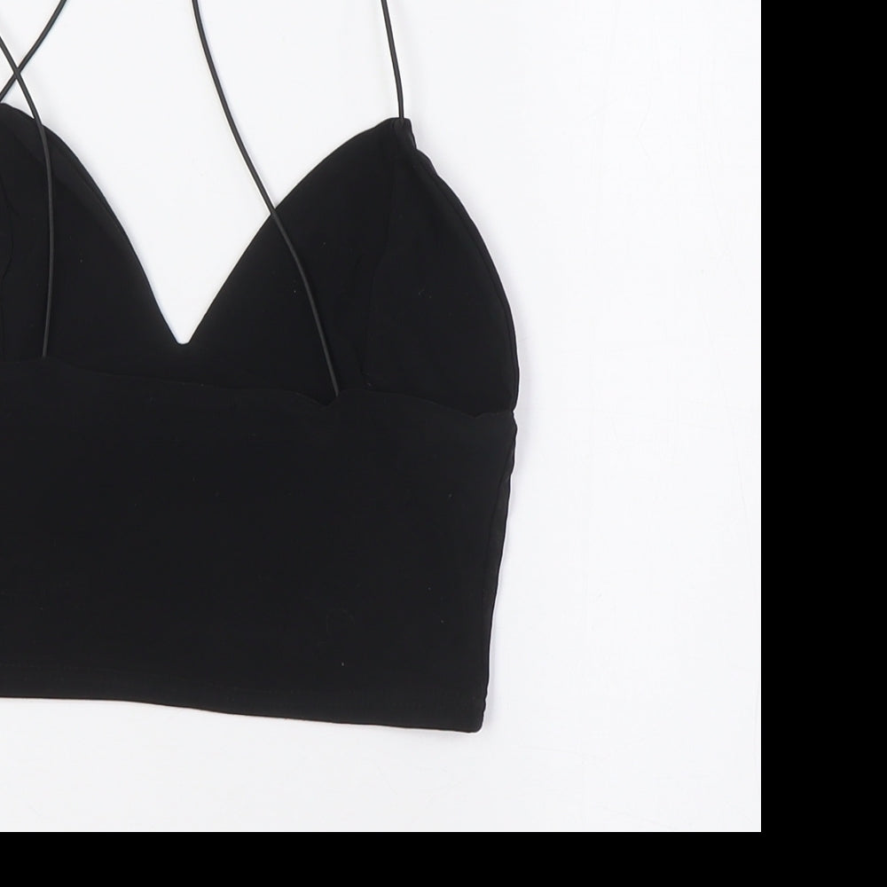 PRETTYLITTLETHING Womens Black Polyester Cropped Blouse Size 8 V-Neck
