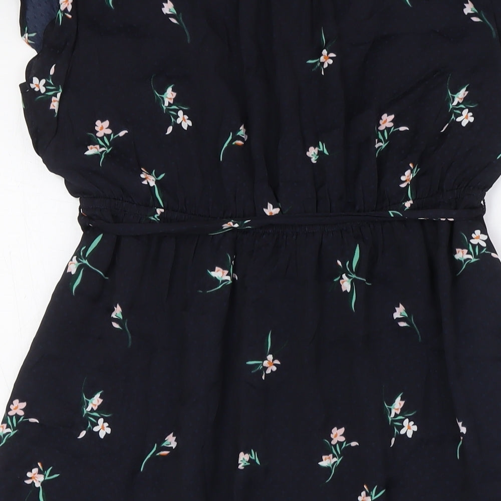 H&M Womens Blue Floral Polyester A-Line Size S V-Neck - Belted