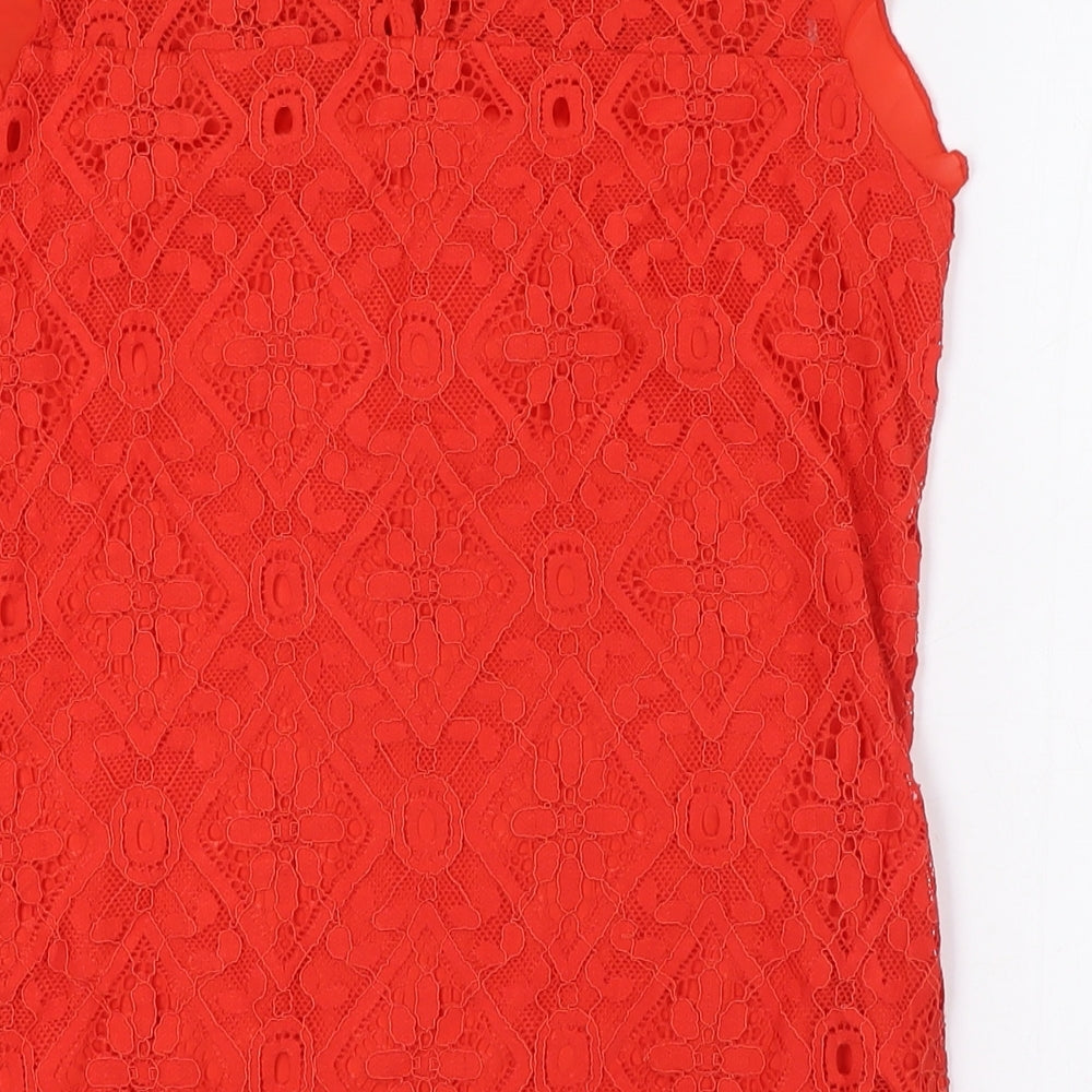 Oasisr Womens Red Nylon Basic Blouse Size 6 Round Neck - Lace Overlay