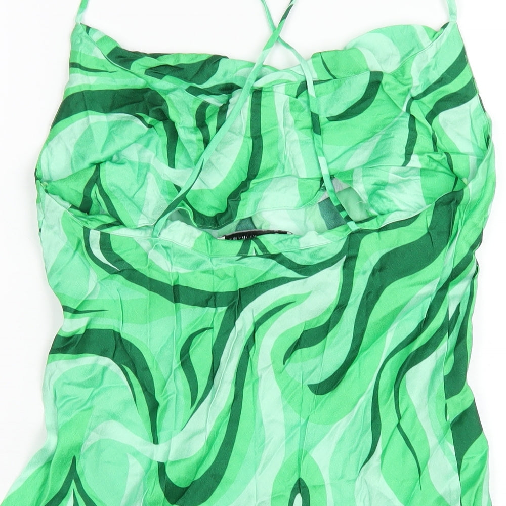 Zara Womens Green Geometric Viscose Slip Dress Size M Cowl Neck Pullover
