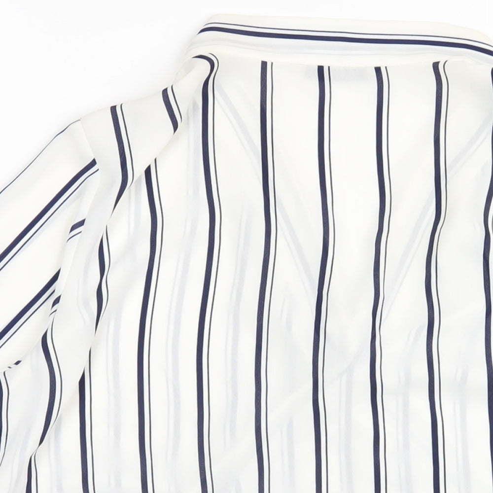 Marks & Spencer Womens White Striped Polyester Basic Blouse Size 14 V-Neck