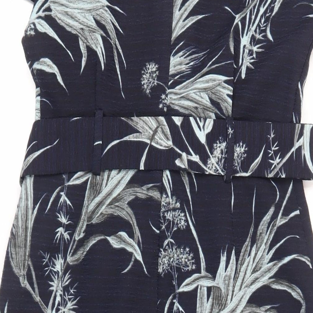 Warehouse Womens Blue Floral Polyester Sheath Size 8 V-Neck Zip - Belted