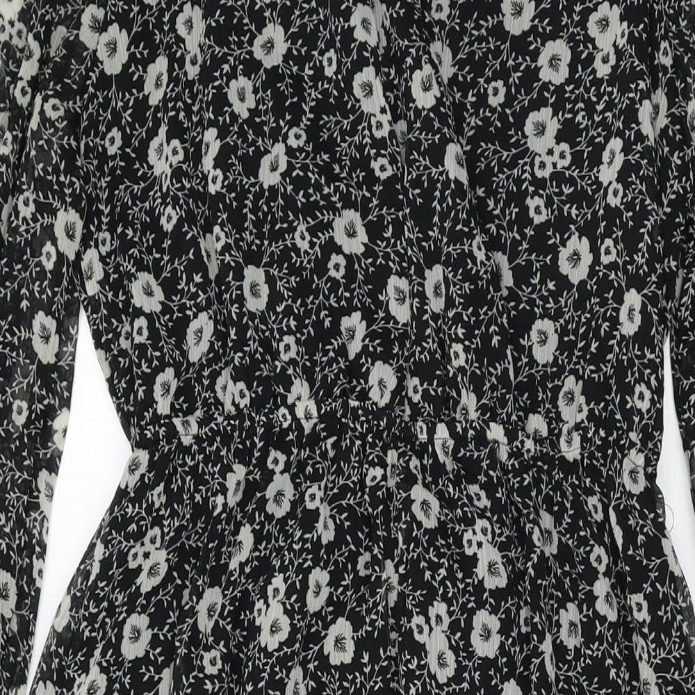 Mango Womens Black Floral Polyester A-Line Size S Round Neck Button